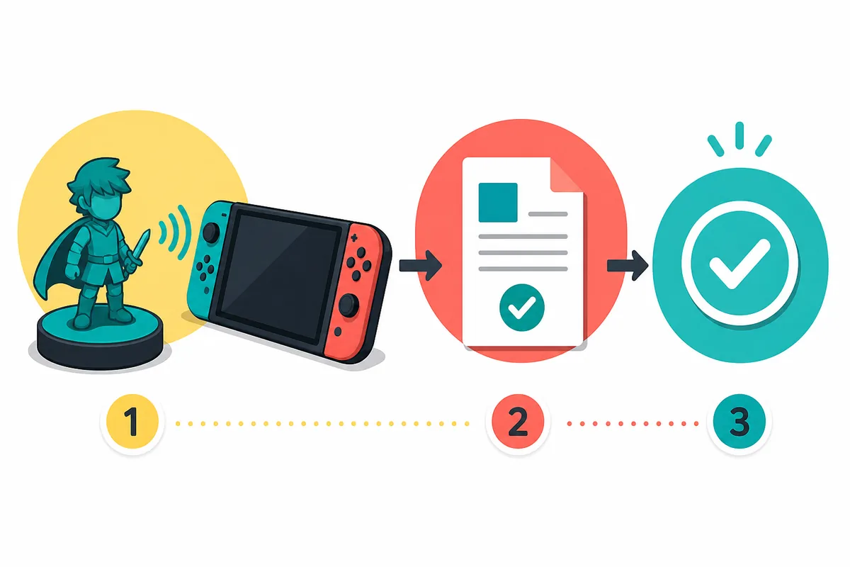 Editorial illustration showing a three-step process for checking an amiibo against the console and official source