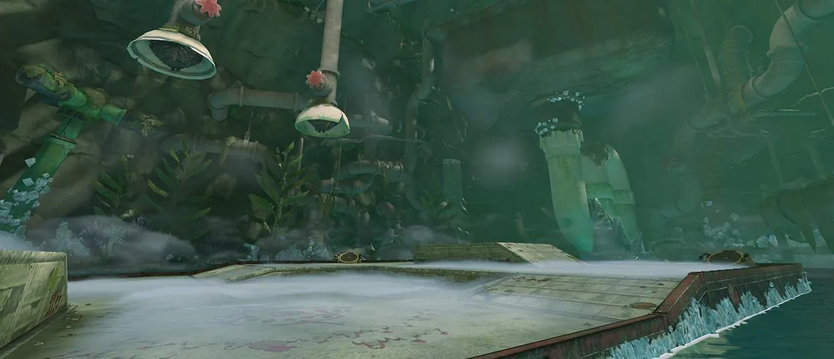 Official Splatoon Raiders exploration scene showing an enclosed industrial landmark for a return route