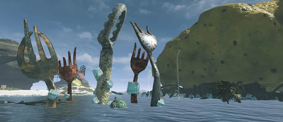 Official Splatoon Raiders environment scene with landmark structures that can anchor a route note