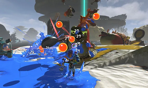 Official Splatoon Raiders combat scene showing ink coverage and enemy pressure at a route checkpoint