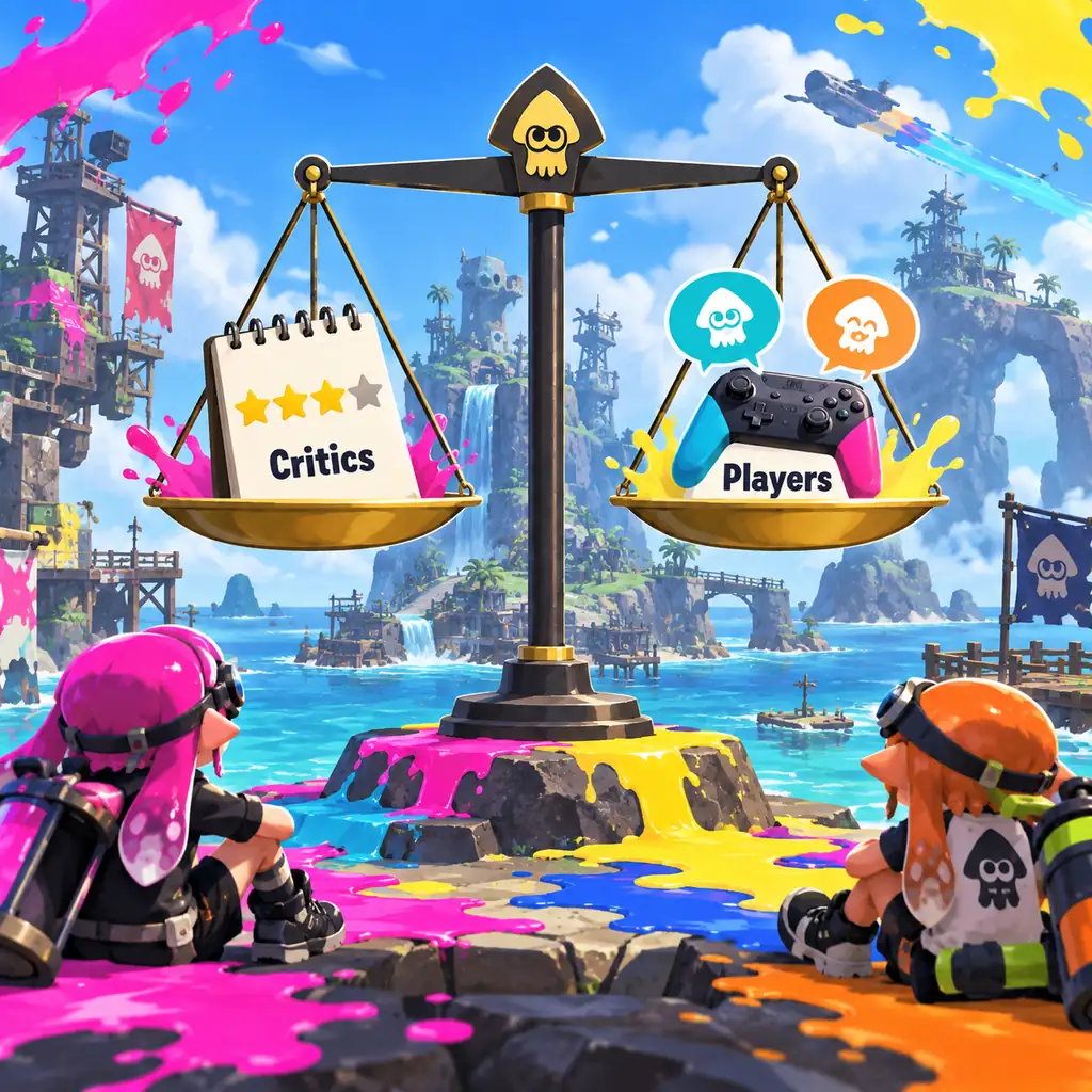 Illustration of separate critic and player perspectives for Splatoon Raiders; the stars are conceptual and are not Metacritic scores.