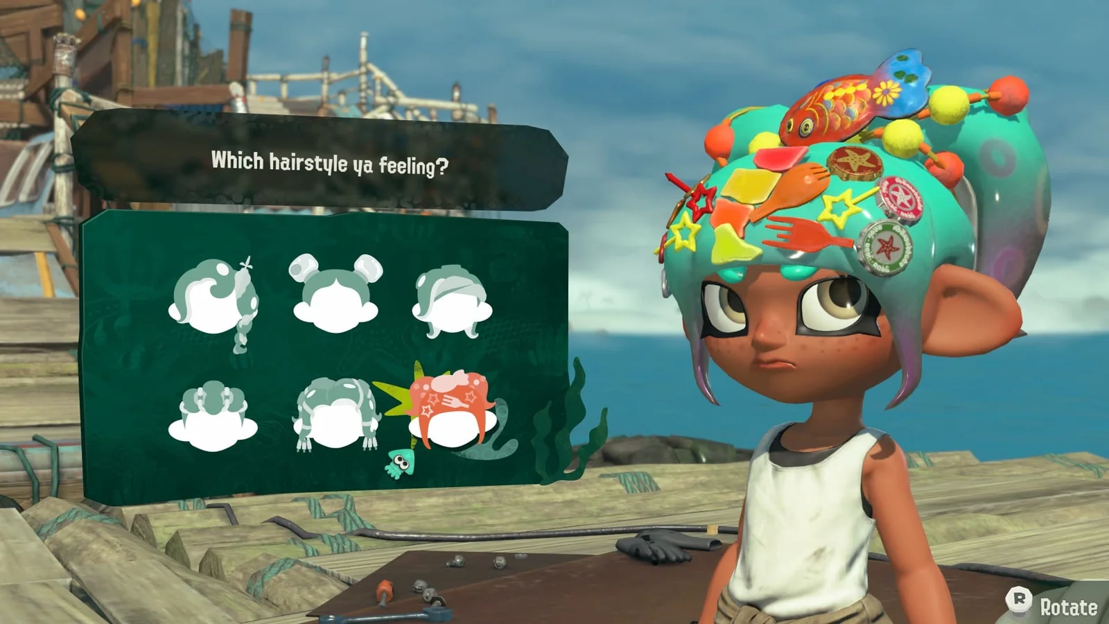 Official Splatoon Raiders gameplay image showing the Mechanic customizing a look on the island